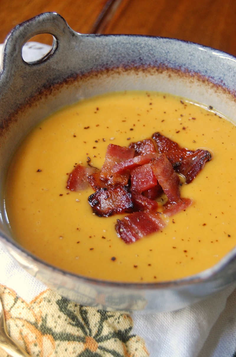 Curried Sweet Potato Bisque topped with Candied Bacon | ScrambledandSpiced.com