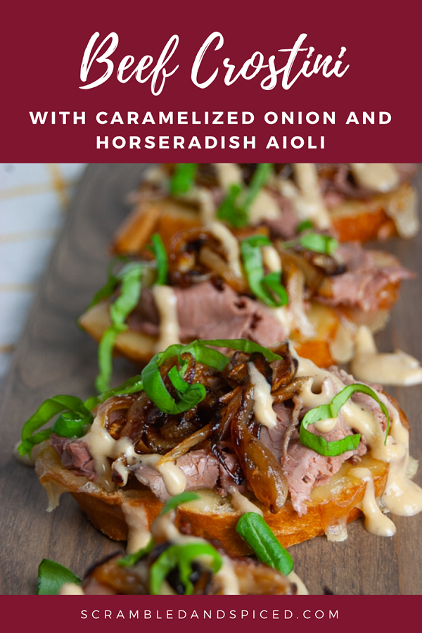 Beef Crostini with Caramelized Onion and Horseradish Aioli | ScrambledandSpiced.com